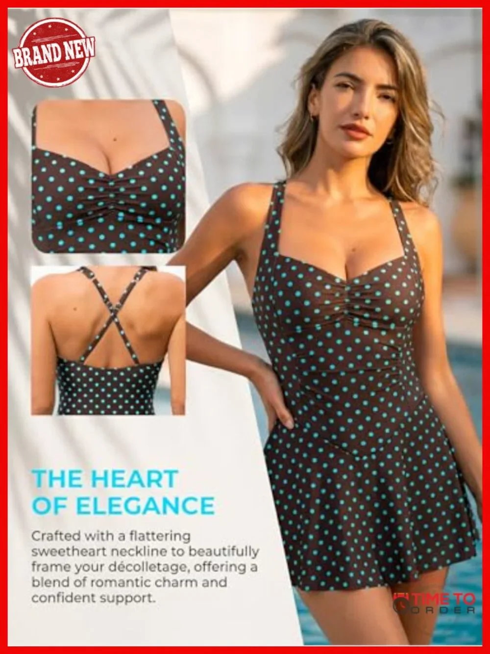 One Piece Swimsuit Swimdress Sweetheart Neck Ruched Skirt Adjustable Cross